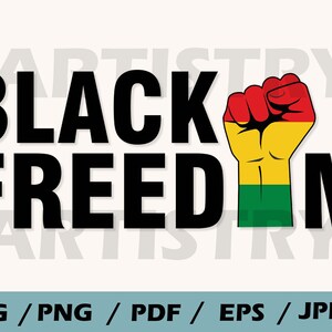 Puede incluir: Texto "Black Freedom" con un puño levantado en rojo, amarillo y verde. El puño es un símbolo del poder negro.