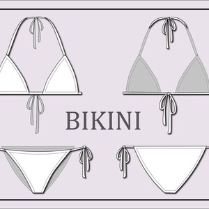 May include: A line drawing of a bikini with a triangle top and a tie-side bottom. The bikini is shown in two different colors, white and gray. The word "BIKINI" is written in black text below the image.