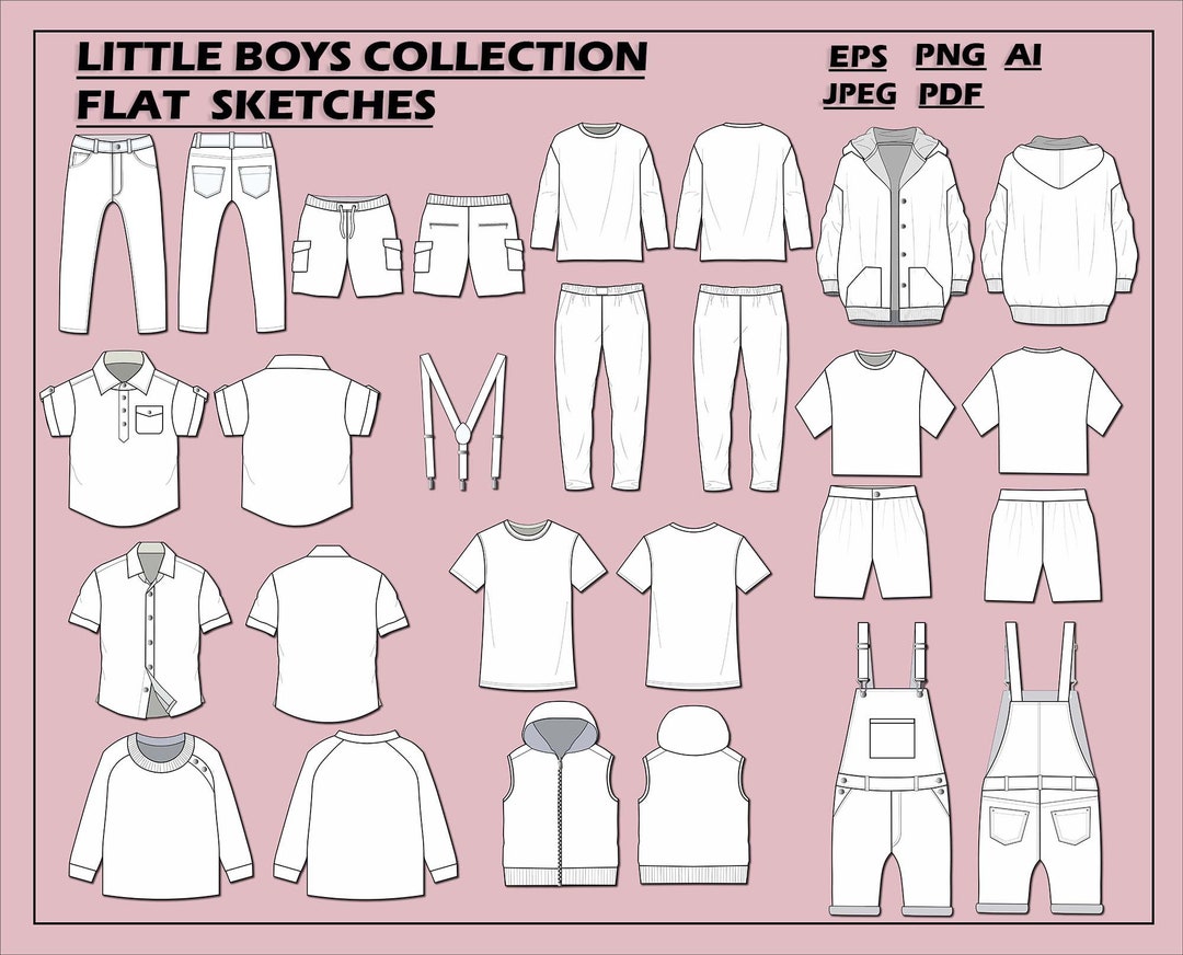 Boys Kids Fashion Bundle Vectors fashion Flat Sketch for Adobe Illustrator Technical Drawing boy