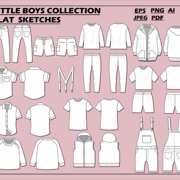 Boys kids fashion bundle vectors -fashion flat sketch for adobe illustrator - technical drawing -boy clothes templates-Kids flat sketches