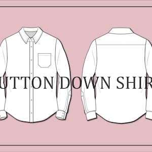 Puede incluir: Una camisa blanca de botones, de manga larga y con un bolsillo en el pecho izquierdo. La camisa se muestra en una vista plana con las vistas frontal y posterior.