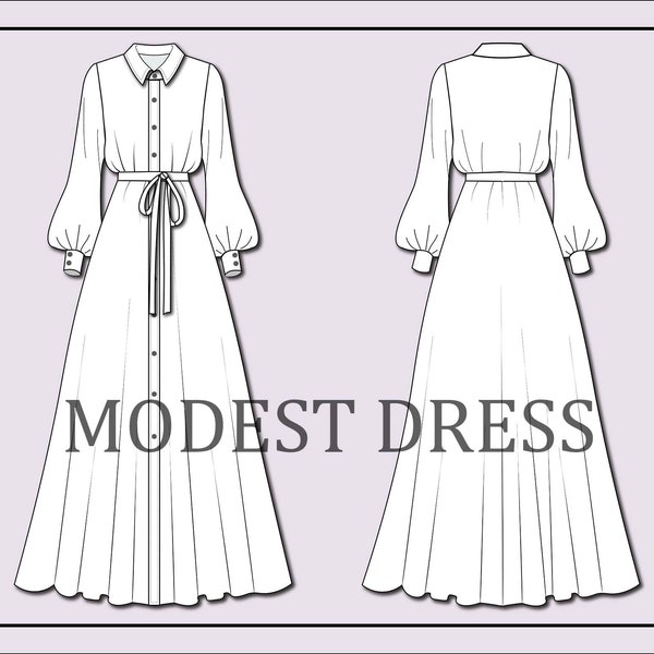 Modest dress vector -long dress vector-fashion flat sketch for adobe illustrator - technical drawing -dress template-dress flat sketch