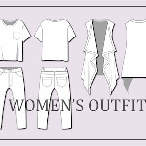 women&#39;s outfit vector-pair of jeans vector - Cardigan vector -fashion flat sketch for adobe illustrator - technical drawing -Tshirt template