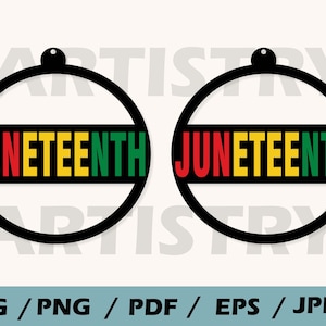May include: Two black circle cutouts with the word "Juneteenth" in red, yellow, and green lettering. The circles have a small hole at the top.