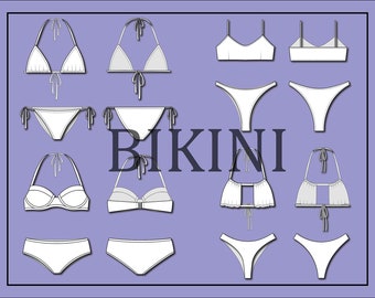 Bikini swimsuit set bundle vector -fashion flat sketch for adobe illustrator - technical drawing - bikini template - womens swimsuit sketch