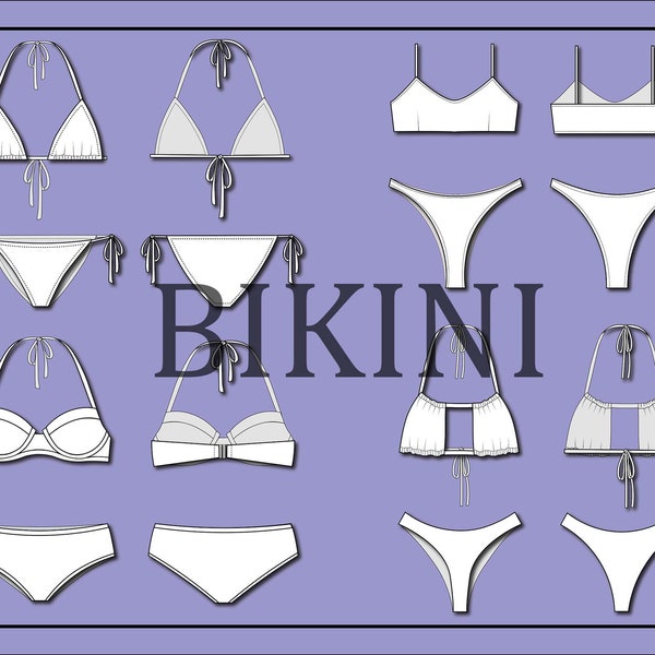 Bikini swimsuit set bundle vector -fashion flat sketch for adobe illustrator - technical drawing - bikini template - womens swimsuit sketch