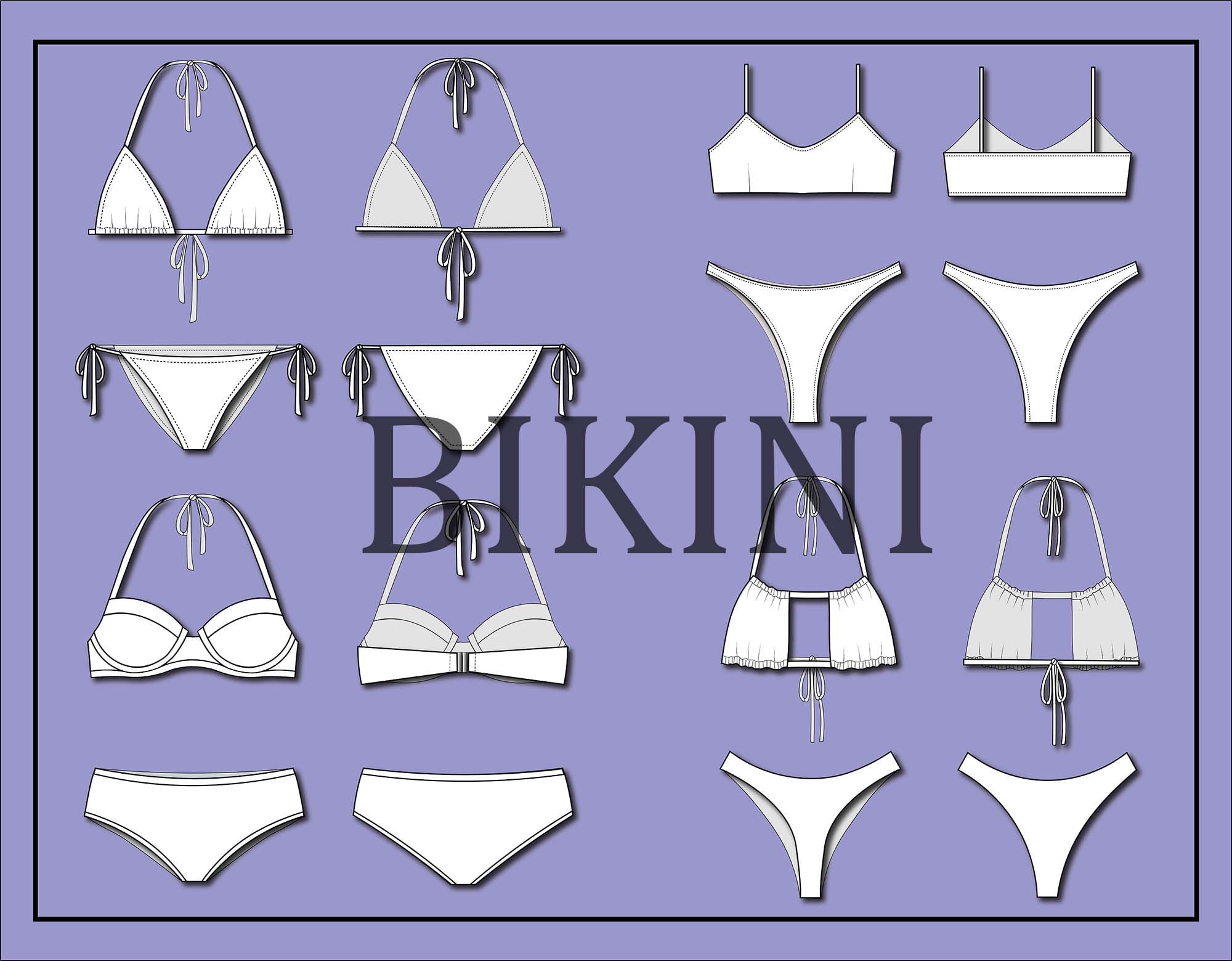 Bikini Swimsuit Set Bundle Vector fashion Flat Sketch for Adobe Bikini Swimsuit Set Bundle Vector fashion Flat Sketch for Adobe
