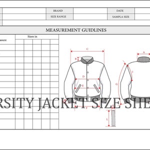 Op de afbeelding: Maattabel voor varsity-jassen met meetrichtlijnen. Bevat diagrammen en gemarkeerde meetpunten voor nekbreedte, kraaghoogte, schouder, borst, taille, onderste rib, mouwlengte, manchetlengte, armsgat, totale lengte, zakbreedte en zaklengte.