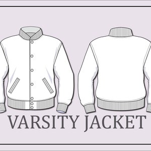 Puede incluir: Una chaqueta de béisbol blanca con cierre de botones y puños y cintura de canalé. El texto "VARSITY JACKET" está impreso debajo de la chaqueta.