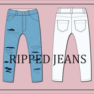 May include: A flat lay illustration of two pairs of jeans. The left pair is blue denim with distressed details and the text "RIPPED JEANS" in black. The right pair is white denim.