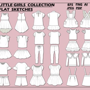 Vettori di bundle moda bambina - schizzo piatto di moda per adobe illustrator - disegno tecnico - modelli di vestiti ragazza - schizzi piatti per bambini