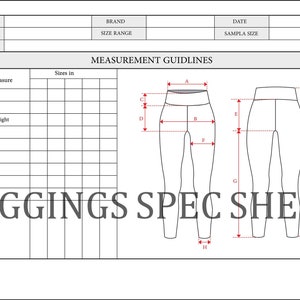 Legging size sheet for tech pack- complete measurements guide for leggings -flat sketch-tech pack template -technical drawing-fashion sketch