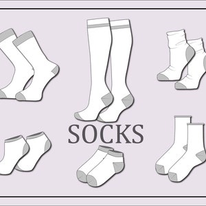 May include: A set of white socks in various styles, including ankle socks, crew socks and knee-high socks. The socks have grey trim and are arranged on a light purple background. The word "SOCKS" is written in black letters below the socks.