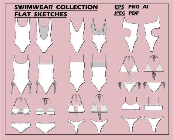Swimsuits Set Bundle Vector bikini Fashion Flat Sketch for Adobe