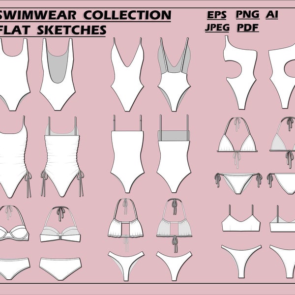 Swimsuits set bundle vector -bikini fashion flat sketch for adobe illustrator - technical drawing - bikini template - womens swimsuit sketch