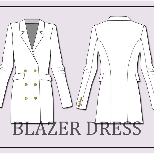 Blazer Kleid Vektor -Long Blazer Vektor-Mode flache Skizze für Adobe Illustrator - technische Zeichnung -Blazer Vorlage-Blazer flache Skizze