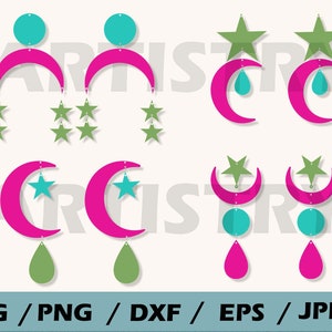 Pacote svg de brincos de estrela, brincos de lua svg, pacote svg de brinco de couro, brincos crescentes svg, arquivos de corte de brinco, download instantâneo
