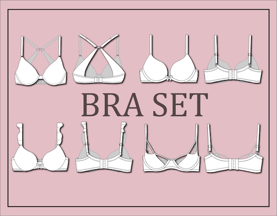 Bra set bundle vector- bra vector -fashion flat sketch for adobe  illustrator - technical drawing -bra templates - lingerie flat sketches