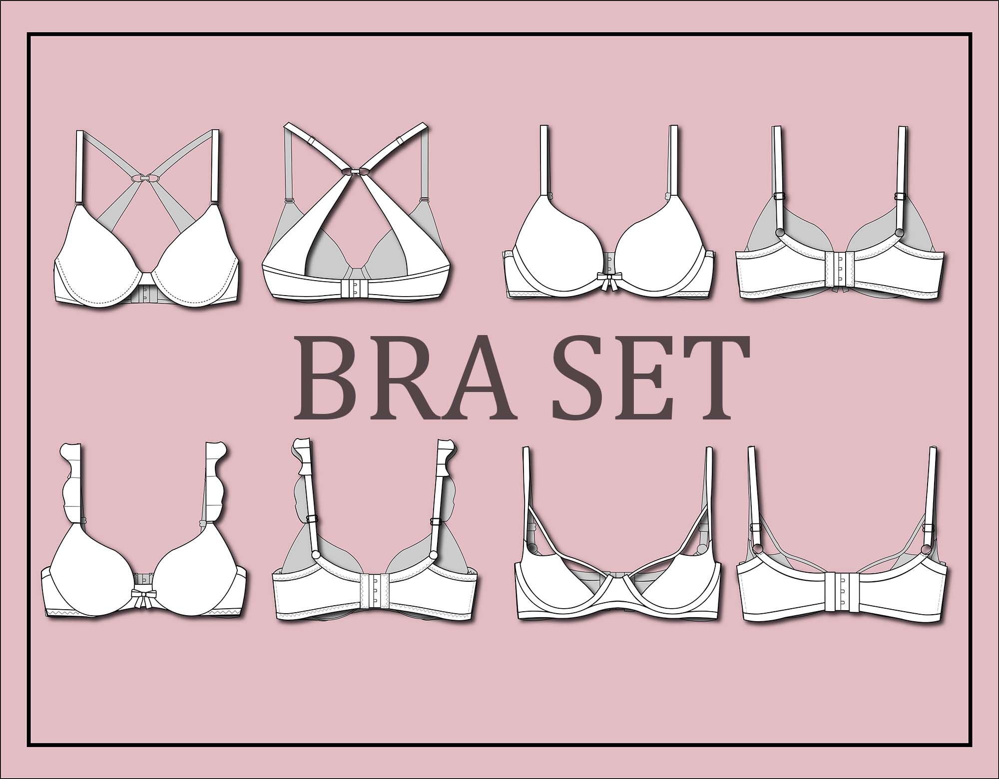 Bra designs on woman torso flat icons set Stock Vector by