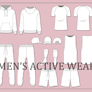 Può includere: Un set di abbigliamento sportivo bianco per uomo, che include felpe con cappuccio, t-shirt, canottiere, pantaloni da jogging, pantaloncini, calzini e cappellini da baseball. Il testo "MEN'S ACTIVE WEAR" è stampato nella parte inferiore dell'immagine.