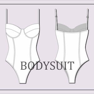May include: A white bodysuit with a fitted bodice and a scoop neckline. The bodysuit has a 'BODYSUIT' text printed on the front.