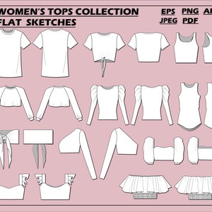 May include: A collection of 18 flat sketches of different women's tops. The tops are all white and are shown in a variety of styles, including t-shirts, tank tops, crop tops, and blouses. The sketches are all drawn in a simple, clean style.