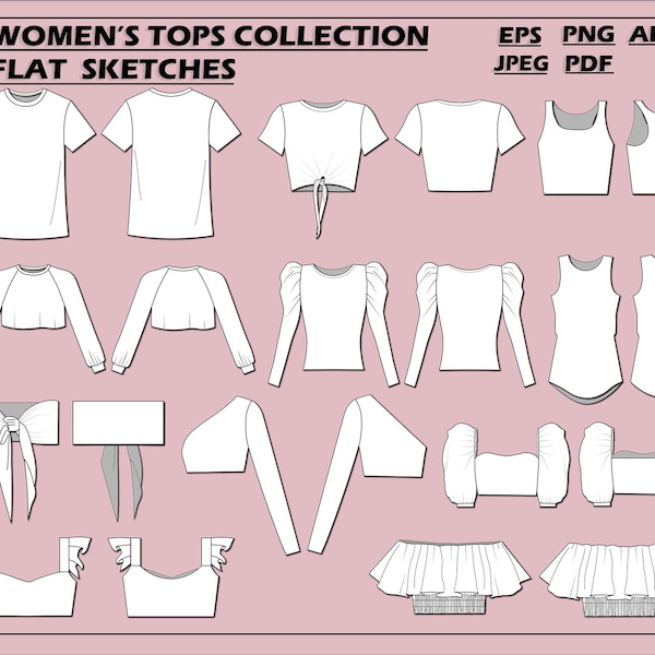 Women's tops set bundle vector -Tops fashion flat sketches for adobe illustrator -technical drawing-Tops template -women's tops sketches