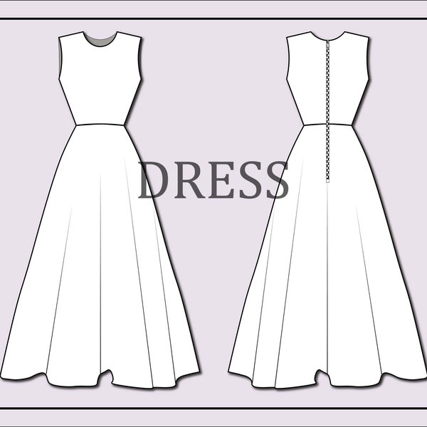 Dress vector -long dress vector-fashion flat sketch for adobe illustrator - technical drawing -dress template-dress flat sketch