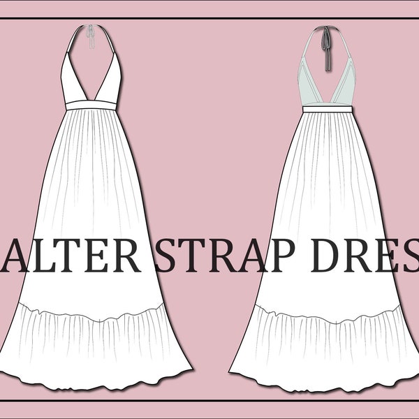 Halter strap dress vector-sweatpants vector- fashion flat sketch for adobe illustrator - technical drawing - halter neck dress templates
