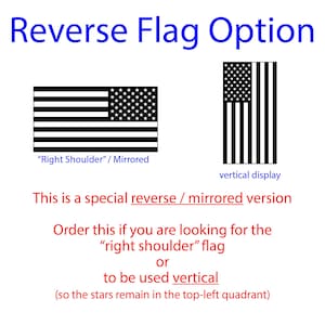 May include: A graphic showing a reverse flag option with two black and white American flag illustrations. One is a horizontal mirrored flag labeled Right Shoulder, and the other is a vertical display flag. Text includes Reverse Flag Option.