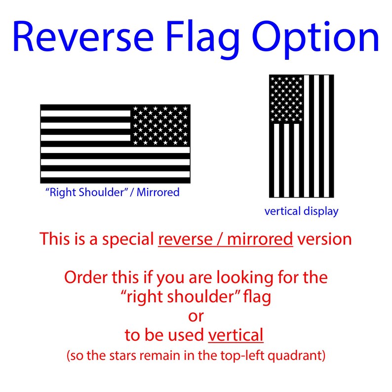 May include: A graphic showing a reverse flag option with two black and white American flag illustrations. One is a horizontal mirrored flag labeled Right Shoulder, and the other is a vertical display flag. Text includes Reverse Flag Option.