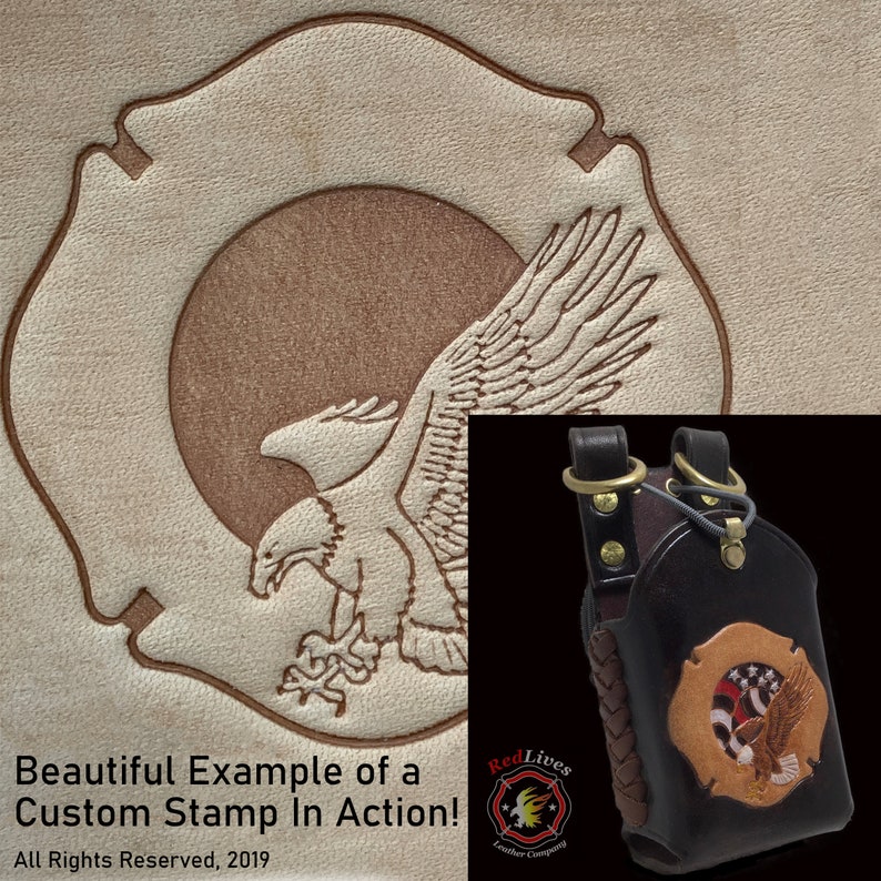 May include: A brown leather phone case with a tooled design of a fire department emblem with an eagle and American flag. The case has a braided strap and a brass buckle.