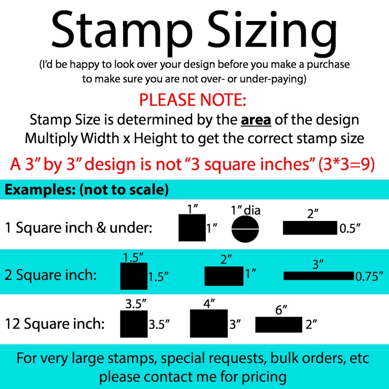 May include: A diagram illustrating that a 3-inch by 3-inch design is not equal to 3 square inches. The diagram shows three rectangles with different dimensions, labeled with their corresponding area in square inches. The text "PLEASE NOTE:" is at the top of the diagram. The text "For very large stamps, special requests, bulk orders, etc please contact me for pricing" is at the bottom of the diagram.
