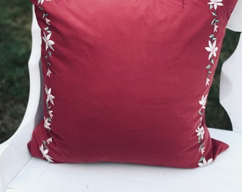 Embroidered holiday floral pillow cover