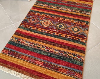 Hand-knotted carpet 90 x 60 cm with geometric patterns - virgin wool and cotton - free shipping