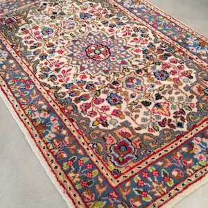Oriental carpet hand-knotted carpet 90 x 56 cm Vintage Kirman flower carpet gift idea