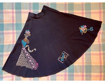 Vintage 40s 50s Embroidered Novelty Paris Cotton Circle Skirt XS