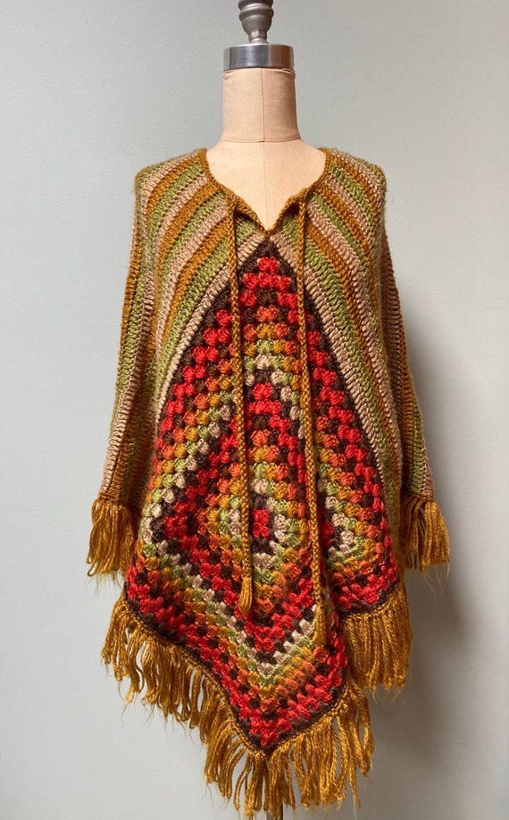 Vintage 1970s Poncho Crochet Knit Chevron