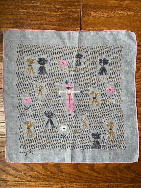 Vintage Hankie Tammis Keefe MCM Novelty Linen Scarecrow Haystacks