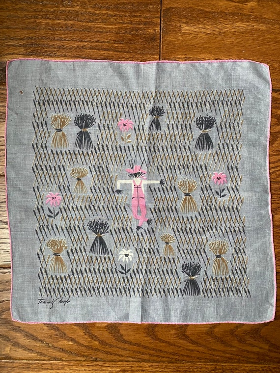 Vintage Hankie Tammis Keefe MCM Novelty Linen Sca… - image 1