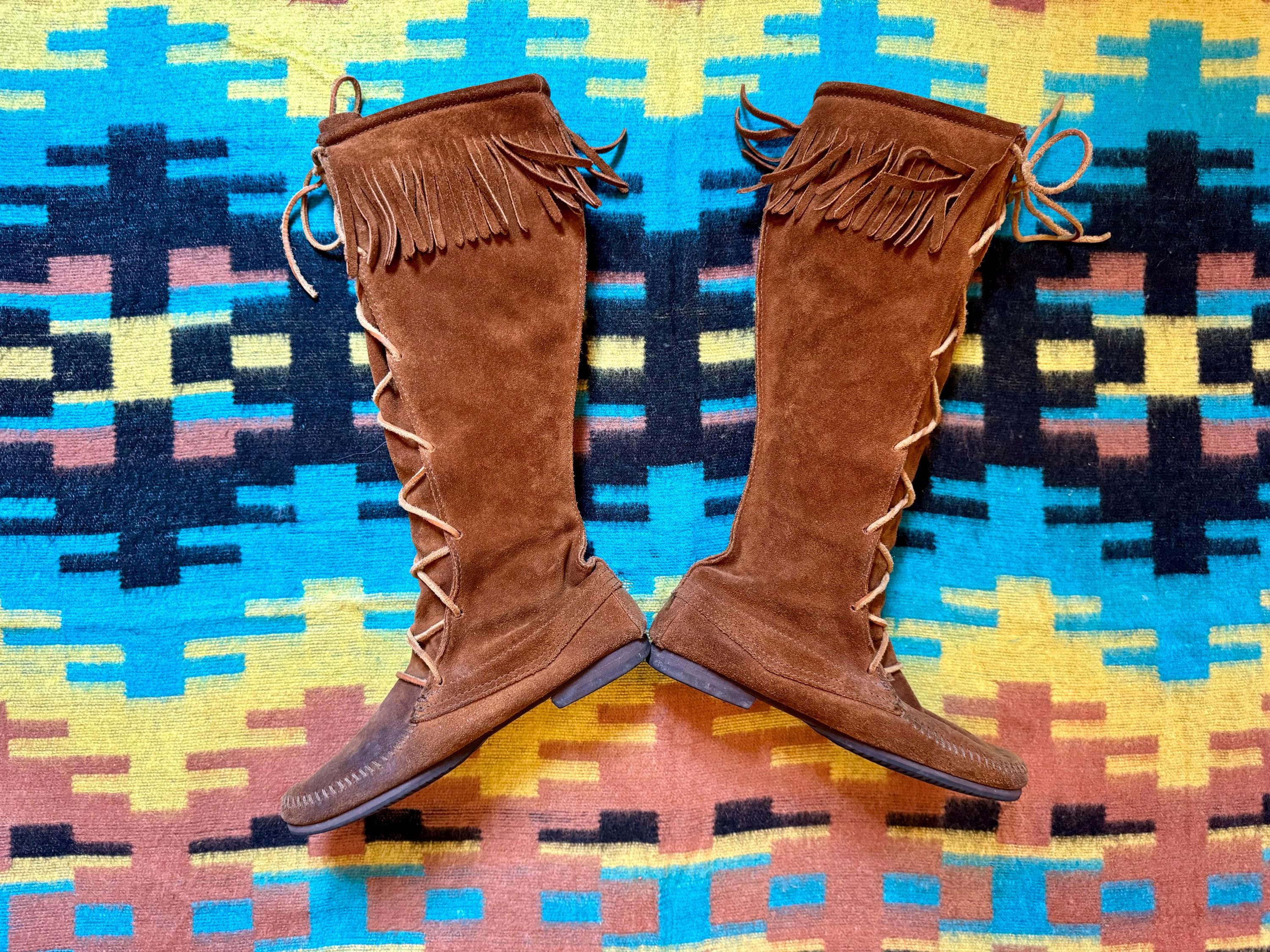 70s Suede Minnetonka Knee High Moccasin Lace up Fringe Hippie Boots 9 Etsy