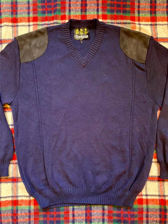 Vintage Barbour Wool Sweater Navy Jumper Suede 44 - image 4