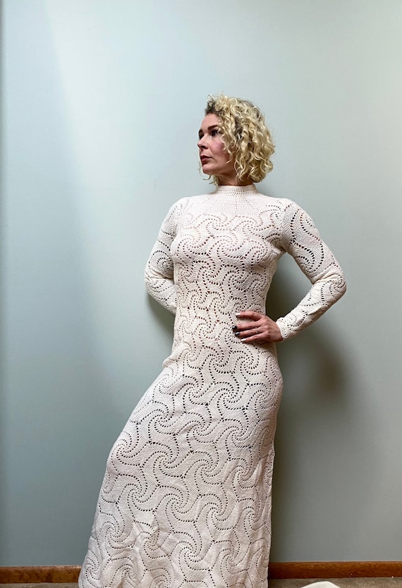 Vintage 1960s Maxi Knit Crochet Spiderweb Dress