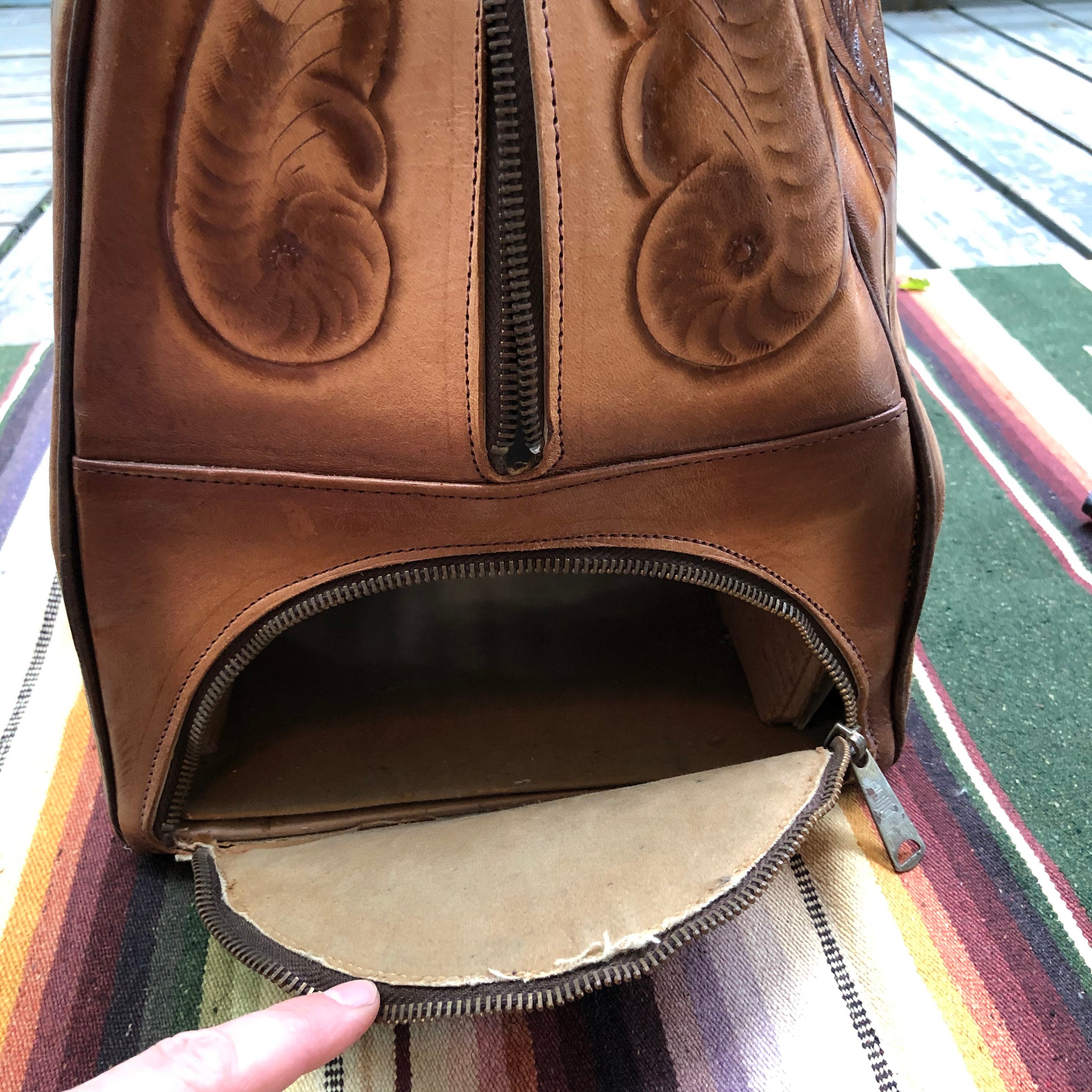 Vintage 1970s Tooled Leather LARGE Purse Bowling Bag Hand Etsy