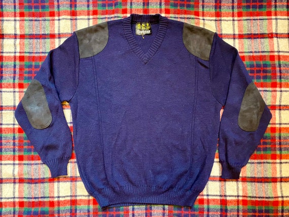 Vintage Barbour Wool Sweater Navy Jumper Suede 44 - image 1