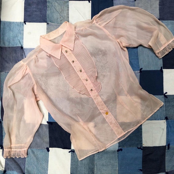 1940s Vintage Sheer Pink Puff Sleeve Blouse/ 1950s