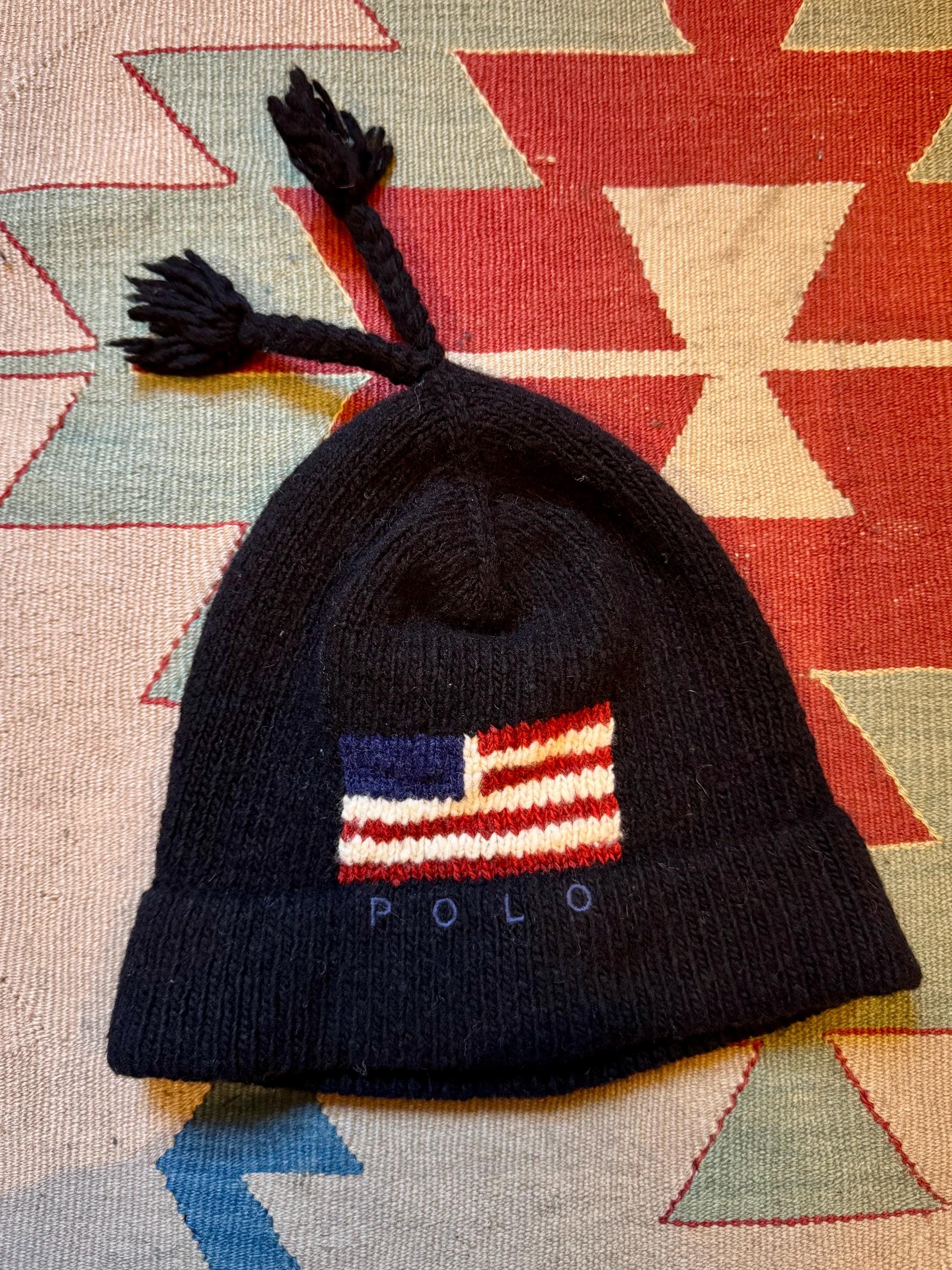 90s Polo Ralph Lauren American Flag Wool Knit Beanie Hat Tassels