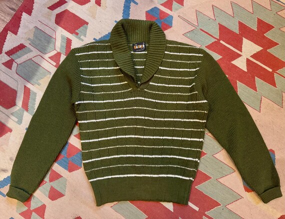 1960s Shawl Collar Olive Striped Basher Knit Wool Sweater L - Etsy