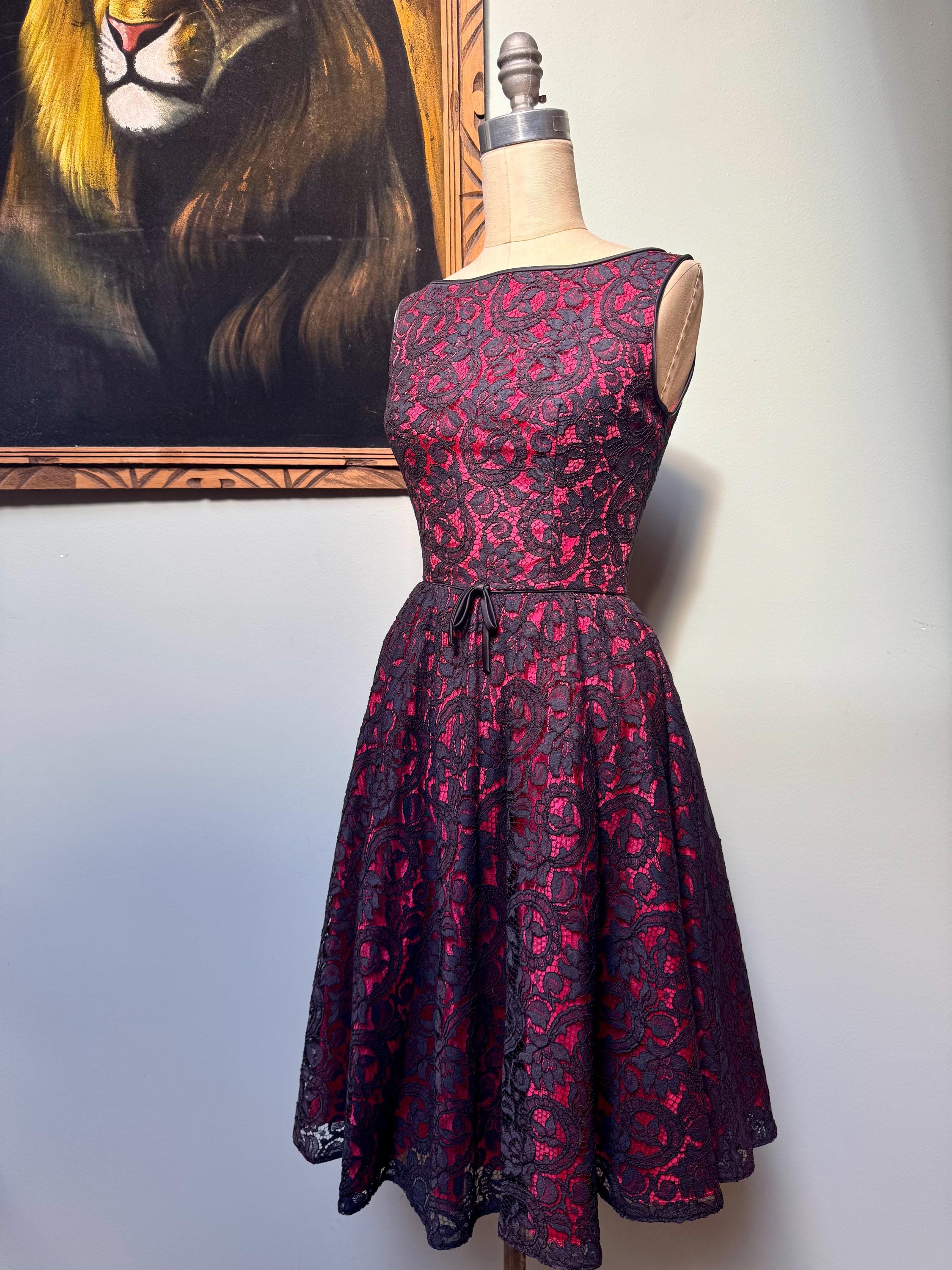 hot pink and black lace dress 1950's Over Party XS formal black and pink dress