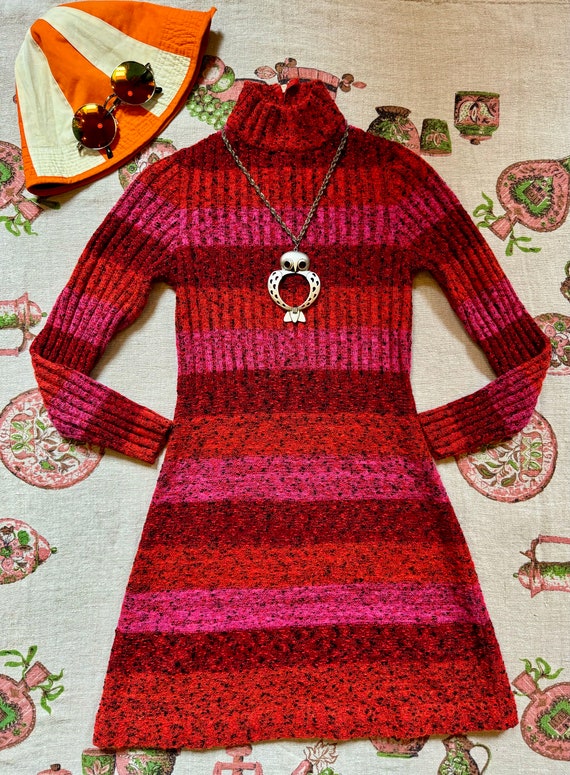 70s Knit Mini Dress A-line Mockneck Ribbed Striped